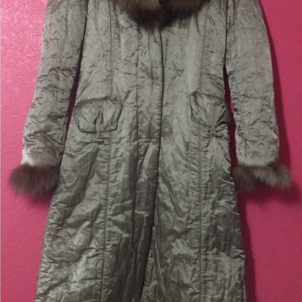 Ermanno Scervino Street Green crinkled Fox Fur-Trimmed Women's Coat